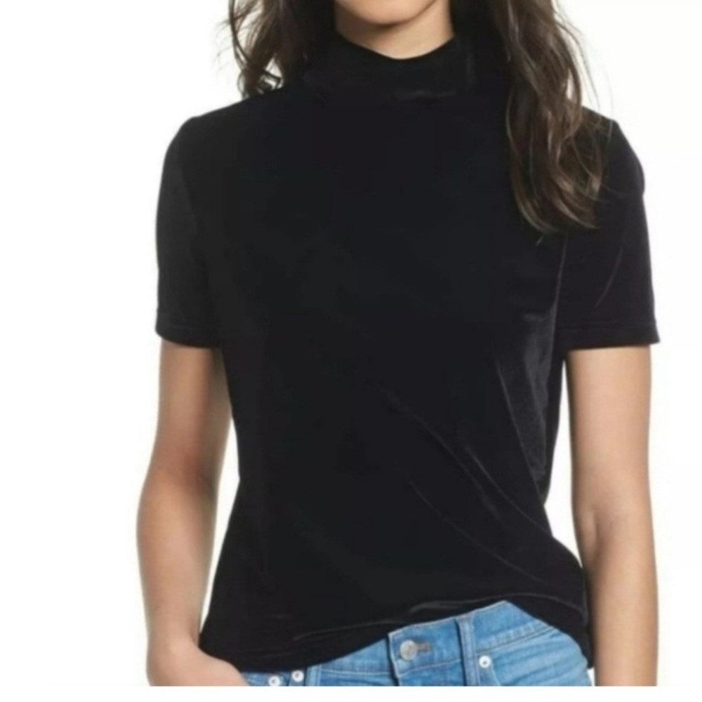Madewell Black Velvet Mock Neck Short Sleeve Top Tee XS NWOT $50